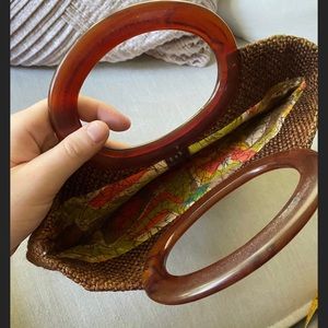 Vintage 1960s Brown Tweed Bag w. Plastic Amber Handle - Colorful Abstract Lining